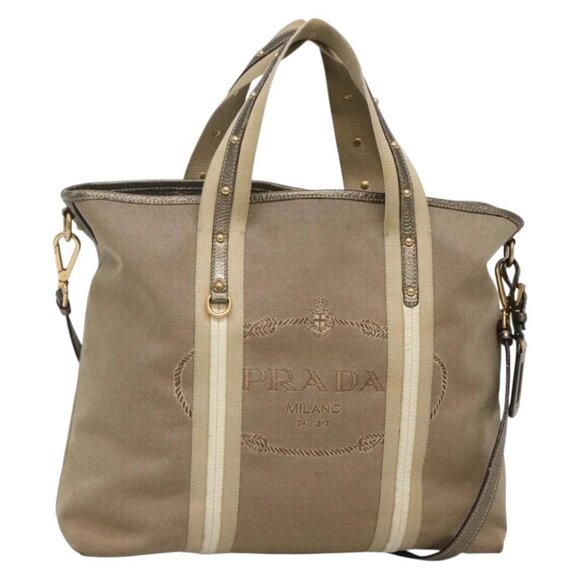 PRADA Hand Bag Canvas 2way Beige Gold Auth bs28891 - Picture 1 of 15